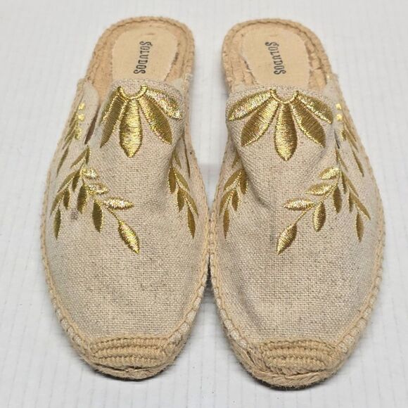 Soludos Gold Floral Embroidered Canvas Espadrille Mules By Anthropologie 9.5 - Picture 1 of 9